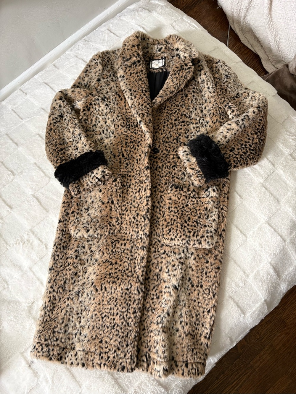 Leopard Print Teddy Coat with Black Cuff Trim